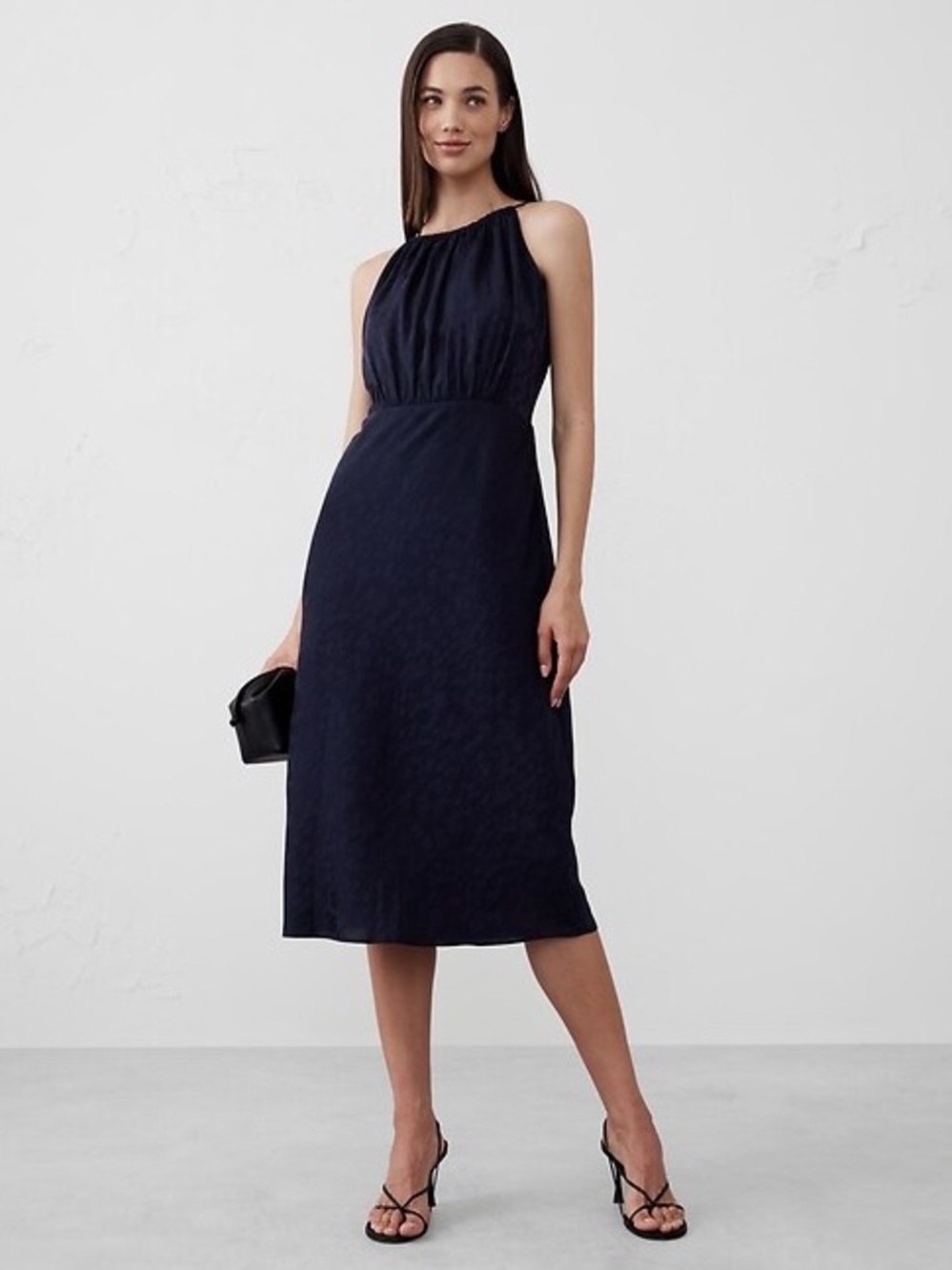 BANANA REPUBLIC Navy Blue High Neck Jacquard Midi Dress Party Casual Vacation 6